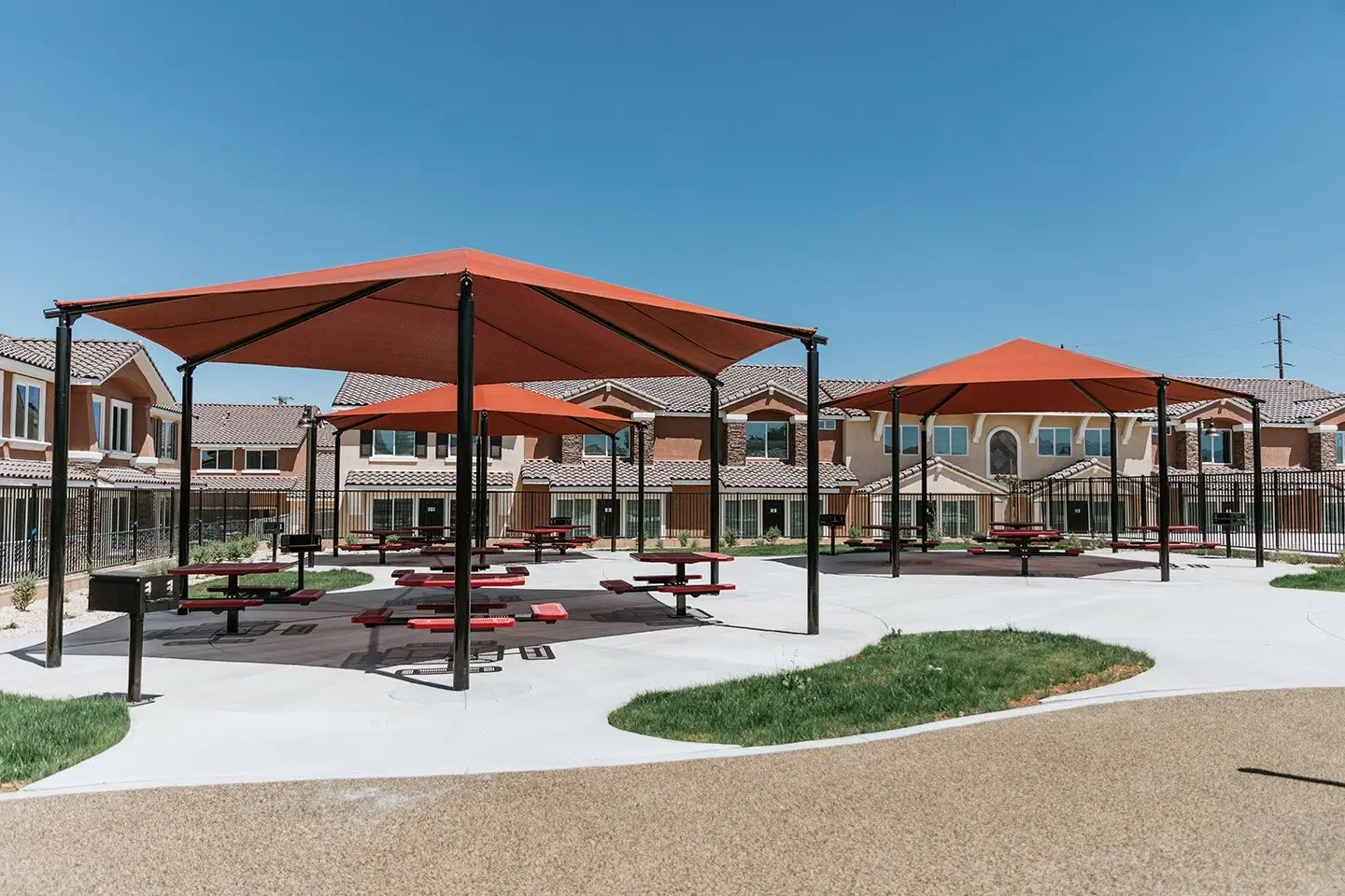 Park amenities with shade and seating